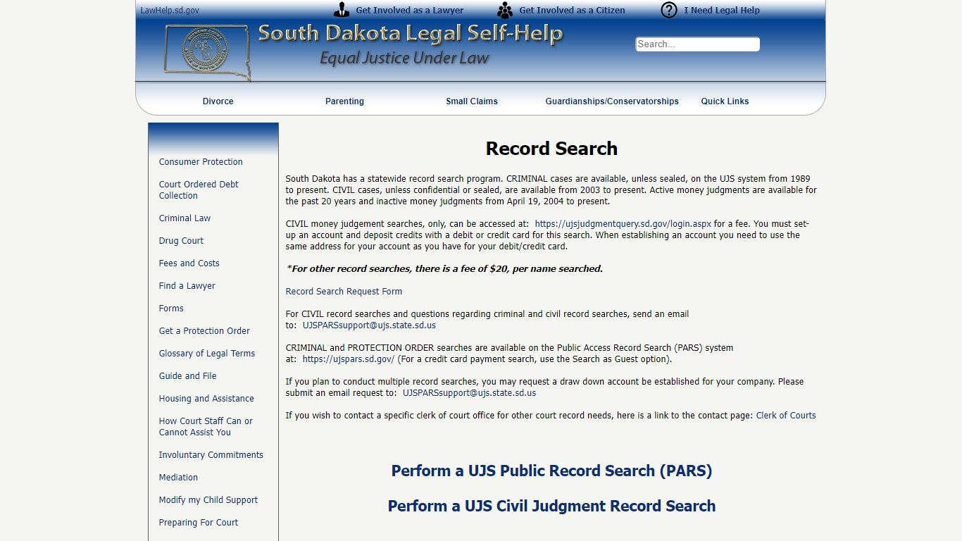 SD Law Help - Record Search - South Dakota